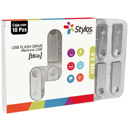 Kit 10 memorias usb stylos st100 16gb conexion tipo a 2.0 metalica plata