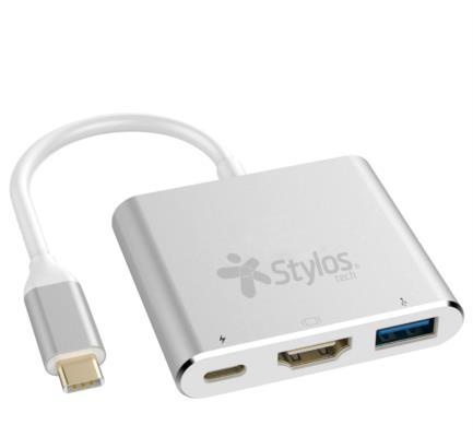 Hub 3 en 1 stylos usb c a hdmi + usb 3.0 + usb c con caja gris