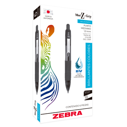 Bolígrafo Zebra Mini Z-Grip Retráctil Punto Mediano 1.0mm Color Azul C/6 Pzas