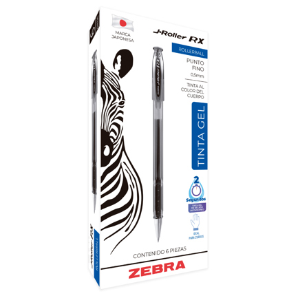 Bol&iacute;grafo zebra j roller rx punto fino 0.5mm tinta gel color rojo c/6 pzas