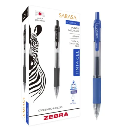 Bolígrafo zebra sarasa retráctil punto mediano 0.7m tinta gel color azul c/6 pzas