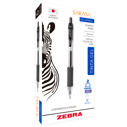 Bol&iacute;grafo zebra sarasa retr&aacute;ctil punto fino 0.5mm tinta gel color negro c/6 pzas