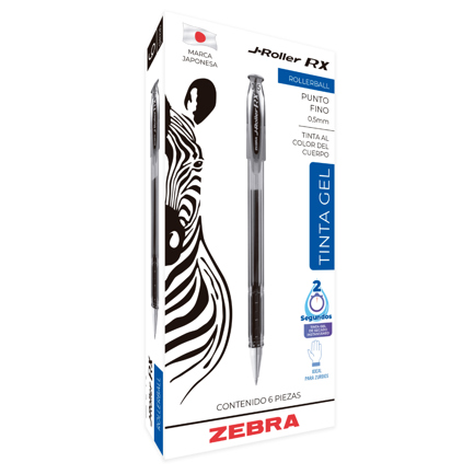 Bol&iacute;grafo zebra j roller rx punto fino 0.5mm tinta gel color negro c/6 pzas