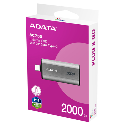 Disco Duro Externo Adata SC750 3.5" 2TB USB-C 3.1 Gris Resistente a Polvo para PC 3