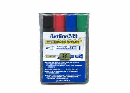 Marcador artline estuche pizarron plastico c/4 pzas
