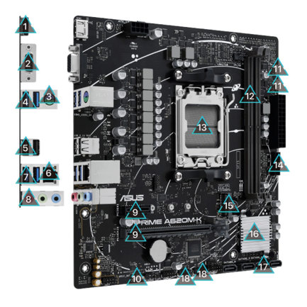 Tarjeta Madre Asus (PRIME A620M-K-CSM) SOCKET AM5 2 DDR5 HDMI VGA PCIE-4.0 M.2 MICRO ATX