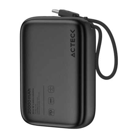 Cargador Acteck Powerbank Plug Max PG80 20000 mAh USBC cable integrado 225 W compacto ligero negro