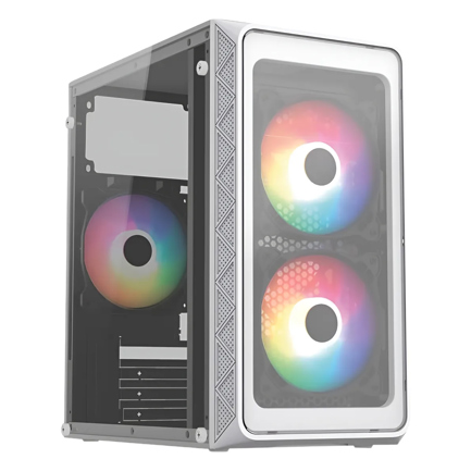 Gabinete Mini Torre Acteck Doom Pro Crystal GI730 M ATX con fuente 600W tres ventiladores FRGB USB vidrio blanco
