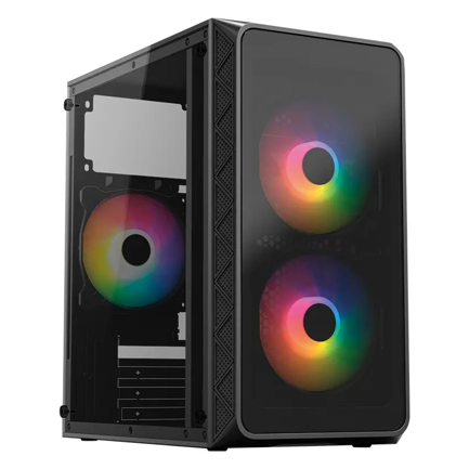 Gabinete Mini Torre Acteck Doom Pro Crystal GI730 M ATX con fuente 600W tres ventiladores FRGB USB vidrio negro