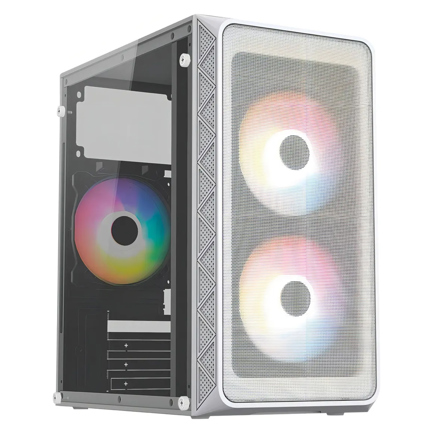 Gabinete Mini Torre Acteck Doom Pro Mesh GI730 M ATX fuente 600W tres ventiladores FRGB USB cristal frente mesh blanco