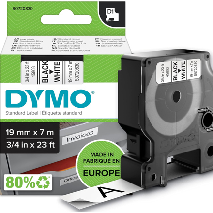 Cinta Dymo Negro sobre Blanco Transferencia Térmica 19mm x 7 Metros PZA