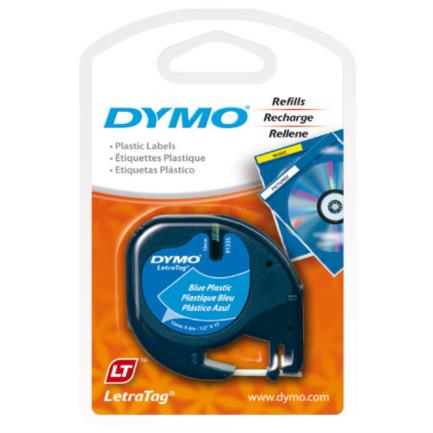 Cinta etiquetadora dymo letratag negro sobre azul plástico