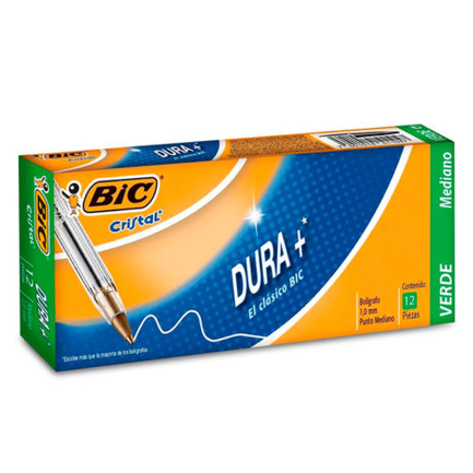 Bolígrafo BIC Cristal Dura+ Punto Mediano 1.0mm Color Verde C/12 Pzas