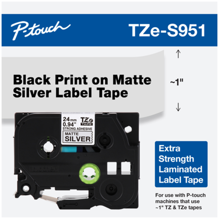 Cinta Brother TZES951G Laminada Texto Negro Fondo Plata Mate