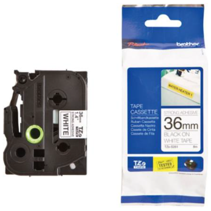 Cinta Brother TZES261G Laminada Súper Adhesiva Texto Negro Fondo Blanco 36mmx8m