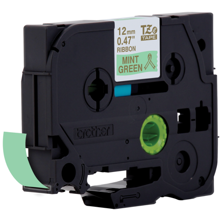 Cinta de satén BrotherTZERM34 color verde menta con letra dorada 12 mm con 4 m para rotulador P-Touch
