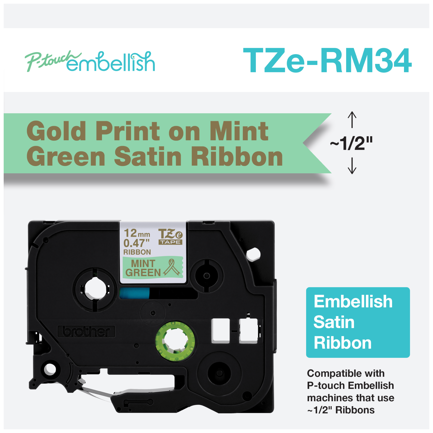 Cinta de satén BrotherTZERM34 color verde menta con letra dorada 12 mm con 4 m para rotulador P-Touch 2