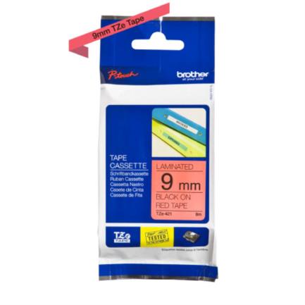 Cinta Brother TZE421 Laminada Estándar Texto Negro Sobre Cinta Roja 9mmx8m