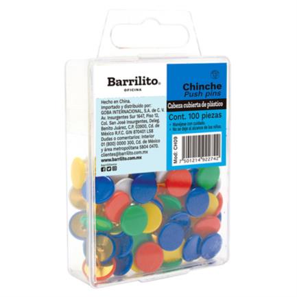 Tachuelas barrilito cabeza de plástico colores surtidos c/100 pzas