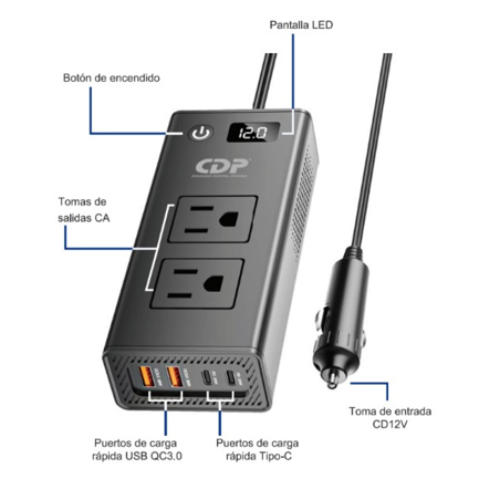 Inversor de Potencia CDP 2OOW 2 salidas nema 5-15R I2OVAC 1 TYPE C PD Output 5Vdc-12Vdc 1QC3.0 5Vdc-12Vdc 2 USB 3.4A