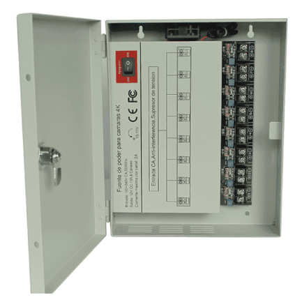 Fuente de Poder Profesional de 11 a 15 vcd/ 13 Amperes/ Para 8 Camaras Hasta 4k/ 1.6 Amperes por Canal/ Protección contra Sobrecargas/ Filtro de Ruido por Canal/ Uso rudo