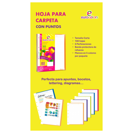 Hojas de repuesto para carpeta EUROCOLORS punteadas con margen de colores Paq c/100 hojas
