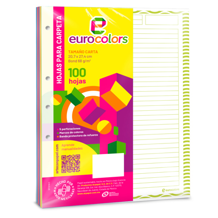 Hojas de repuesto para carpeta EUROCOLORS Raya con ondas de colores en margen Paq c/100 hojas