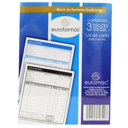 Block euroformas remisión duplicado 1/4 carta c/25 juegos 3 blocks