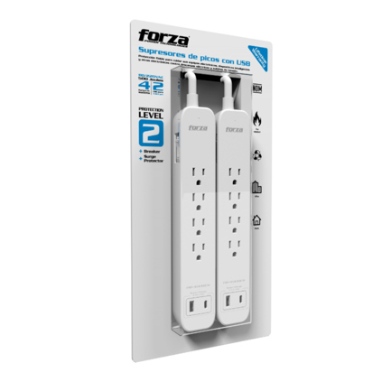 Protector de Sobretensión Forza FSP-451USBCW SP 110/220V 500J 4-NEMA 1-USB-A/C 1.5FT 16AWG WH 2PK 2