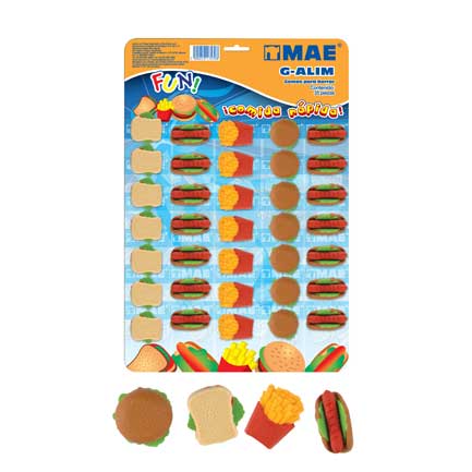 Goma mae en figura de alimentos blister 35 piezas