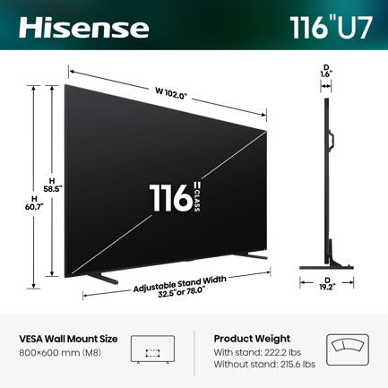 Televisor Hisense Mini LED 115 pulgadas 4K/UHD 116U7SG con Google TV con AI Smooth Motion 3