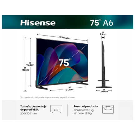 Televisor Hisense 75 inch A60SR Smart TV Roku OS 14. 4K Resolución 3840 x 2160 3