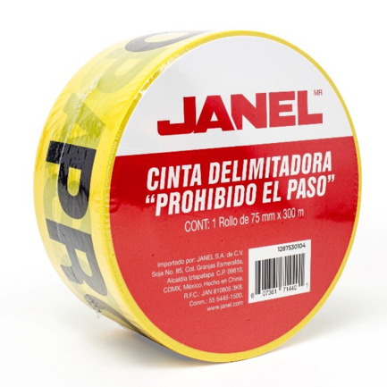 Cinta Delimitadora Janel amarilla Prohibido el Paso Sin Adhesivo 75mm X 300mts