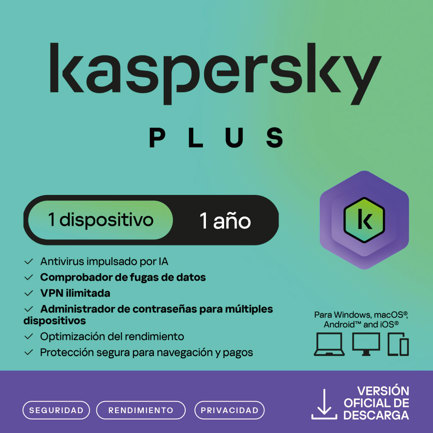 Licencia Antivirus ESD Kaspersky Plus 1 Año 1 Dispositivo 1 Cuenta KPM