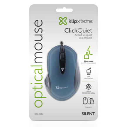 Mouse cableado Klip Xtreme erogonomico ClickQuiet KMO-250BL 4 botones Conexion USB 2.4GHz 400/800/1200/1600 DPI Azul