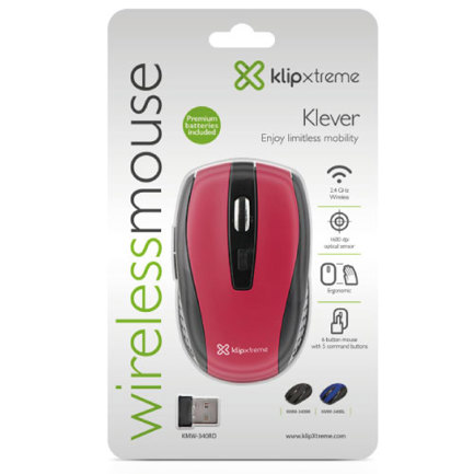 Mouse inalambrico Klip Xtreme ergonomico Klever KMW-340RD 6 botones Conexion USB 2.4 GHz 1000/1200/1600 DPI Color Rojo 2