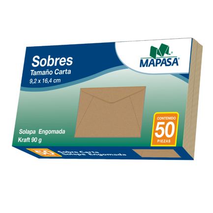 Sobre kraft para correspondencia Mapasa tamaño carta de 9.2 × 16 cm 90 g paquete con 50 sobres