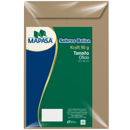 Sobre bolsa kraft Mapasa tamaño oficio de 24 × 36 cm 90 g con pegado central paquete con 50 sobres