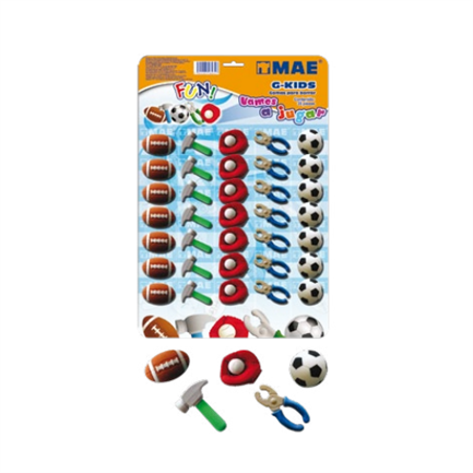 Goma mae figuras deportes/herramientas blister c/35 pzas