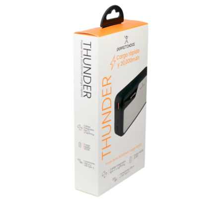 Power Bank Perfect Choice Carga Rápida 20000 mAh 22.5W 4 Puertos USB/A/C y Cable Integrado Tipo C y Lightning 3