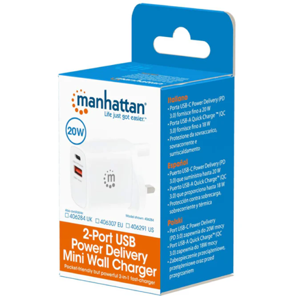 Cargador de Pared Manhattan 20W  USB-C PD (20W) y USB-A QC (18W)