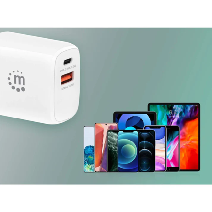 Cargador de Pared Manhattan 20W  USB-C PD (20W) y USB-A QC (18W) 3