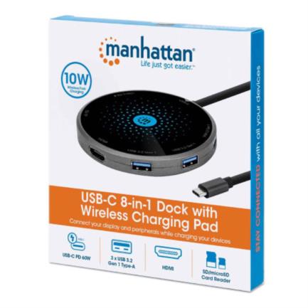 Docking Manhattan USB-C a HDMI USB-C PD 3xUSB-A Lector Tarjetas con Base Carga Inalámbrica 2