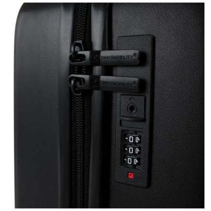 Maleta Rigida Swissmobility 20 Carry On 8 ruedas ABS candado de seguridad cierre interno cintas de sujeción negro