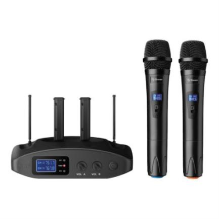 Sistema profesional steren 2 micrófonos inalámbricos uhf batería recargable