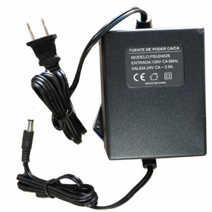 Fuente de Poder de 24 Vca a 2.5 Amperes / Cable de 2.5 Metros / Entrada 110 Vca / Protección contra Sobre Cargas
