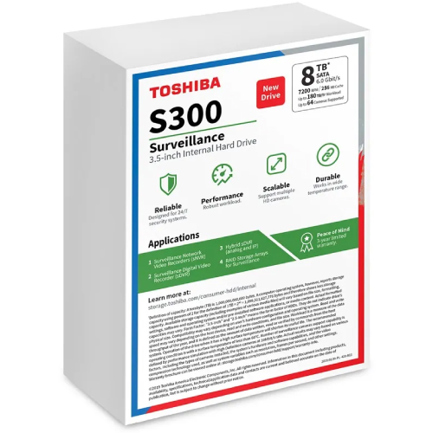 Disco Duro Interno Toshiba S300 para Videovigilancia 8TB 7200RPM y 256MB Cache hasta 64 Camaras.