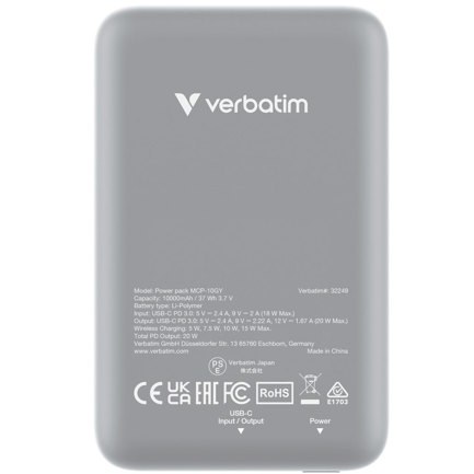 Cargador Verbatim Charge and Go Magnetico Inalámbrico Power Bank 10000 mAh Gris