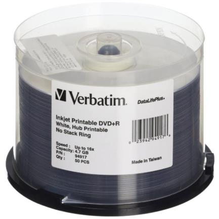 Dvd+r verbatim 4.7gb 16x datalifeplus blanco imprimible con inyección de tinta hub imprimible torre c/50 pzas