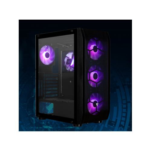 GABINETE GAME FACTOR CSG400 MID TOWER 2 USB 3.2 1x USB C ATX-E 5 VEN ARGB CRISTAL TEMP NEGRO